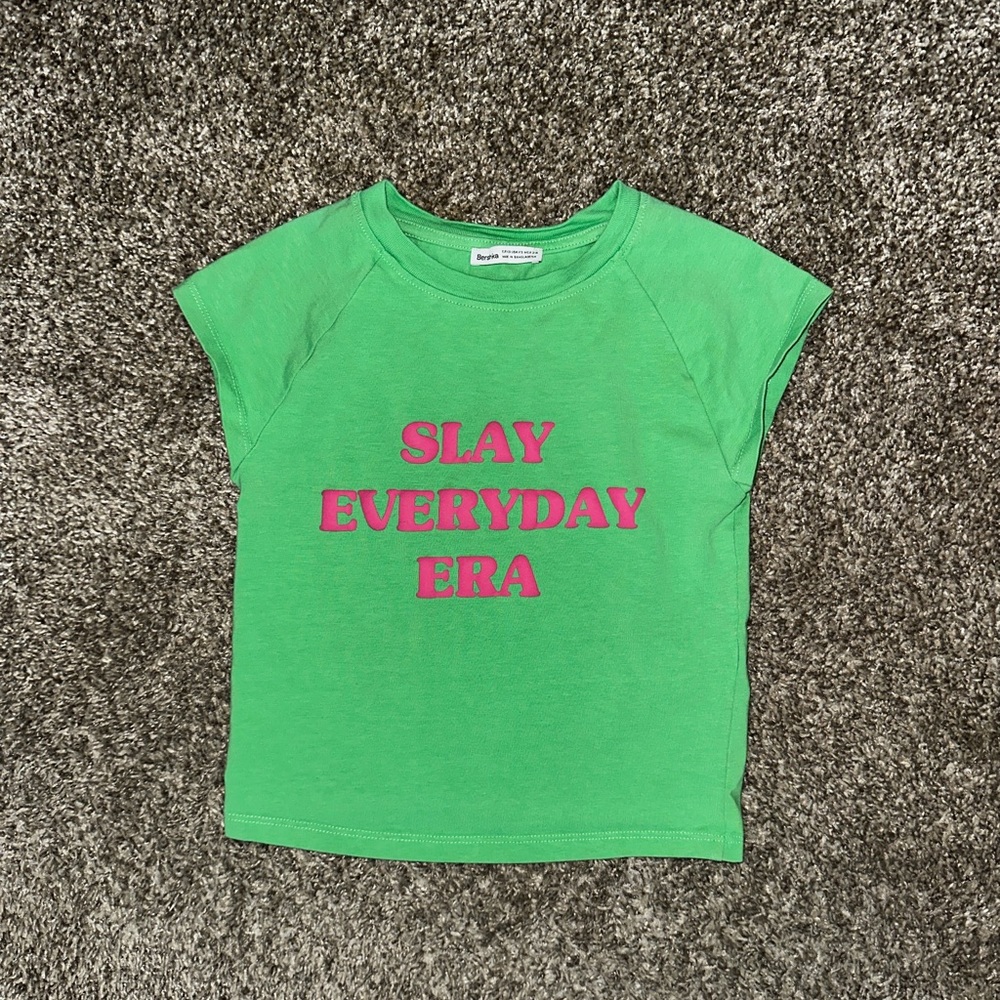 Bershka Green Tee with Pink Text